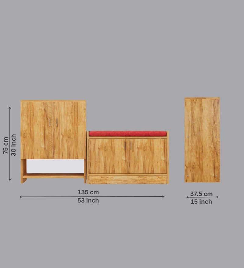 Image of SPECIALITY PANELS Wooden Shoe Rack with Storage Cabinet and Cushioned Bench, Natural Wood Finish, 2-Piece Set with Doors, DIY Assembly, 135x75 cm