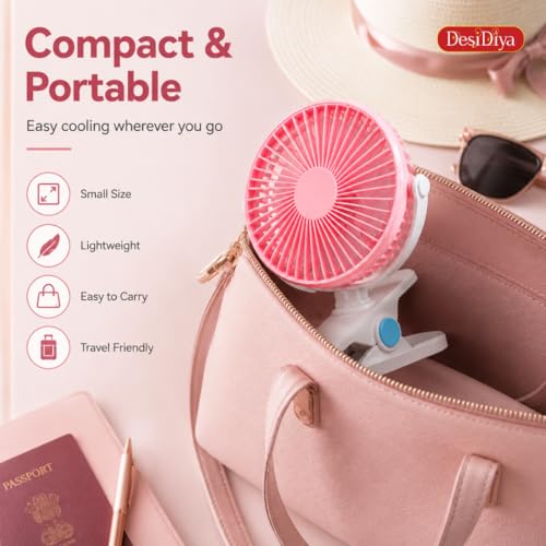 Image of Desidiya USB Rechargeable Clip Fan, 2 Speed Portable Desk Fan, Pink | Rechargeable clip-on fan with 2 speeds, adjustable tilt, quiet airflow and portable design for home, office & travel.