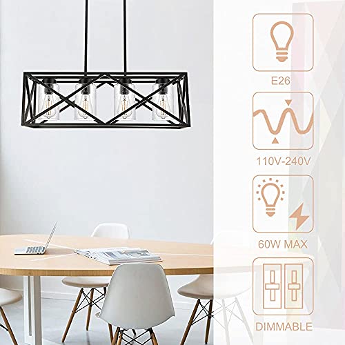 WINSHEN 4-Lights Black Farmhouse Rectangle Chandelier Dining Room Light Fixtures, 30.4-Inches Length Contemporary Kitchen Island Pendant Lighting with Seeded Glass Lampshades - Image 6