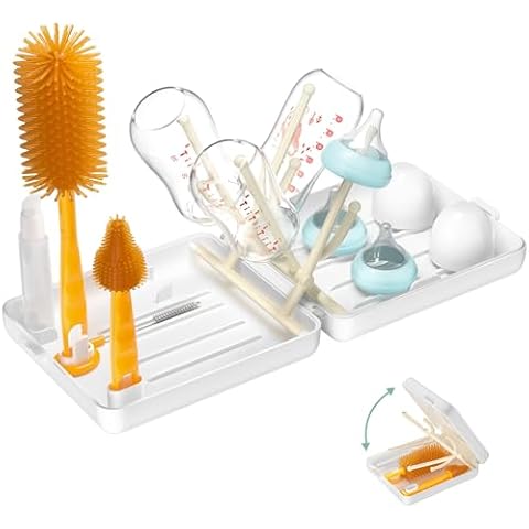 6-in-1 Bottle Cleaning Kit, Portable Baby Bottle Brush Set - with Nipple, Straw, & Bottle Brush, Soap Dispenser, Foldable Drying Rack, and Organizer Case for Home & Baby Travel Essential (White) Cover