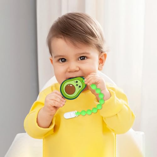 Image of Baby Food Grade Silicone Teether Toy with Pacifier Clip Holder,Teething Toys Gift Set for 3 Months+ Boys and Girls,Freezer Safe,BPA Free. (Avocado)