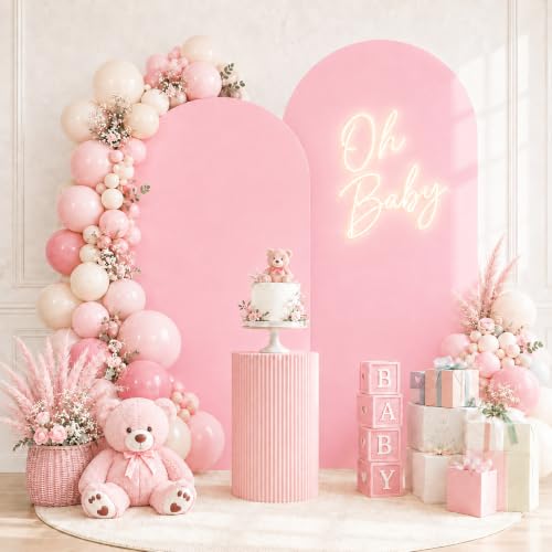 Image of 2 Pack Arch Backdrop Stand and Cover Set (7.2FT /6FT), Balloon Arch Stand | Metal Background Arch Stand, Backdrop Arch Frame, Wedding Arch for Backdrop (Pink Cover)