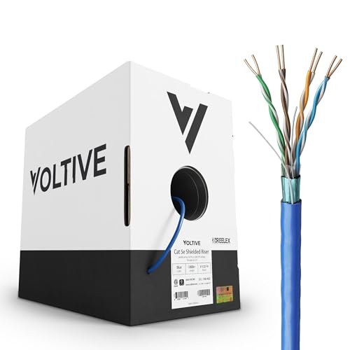 Voltive Cat5e Shielded Ethernet Cable, Riser (CMR), Blue, 1000ft - 24AWG 4 Pair Solid Bare Copper, FTP, 350MHz, UL Certified & ETL Verified - V-1227-4