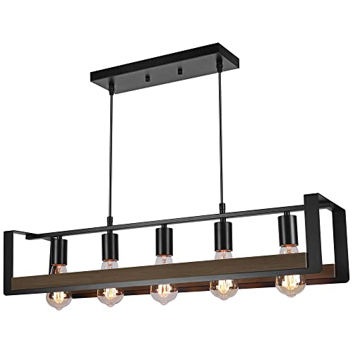 Klgxnrd Farmhouse Dining Room Light Fixture, 5-Light Rustic Kitchen Island Lighting, Adjustable Height Hanging Rectangular Chandelier, Black & Nature Wood Texture Finish #TOP4
