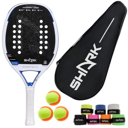 KIT RAQUETE DE BEACH TENNIS SHARK KINETIC X CARBONO 3K - 2024 COM CAPA E BRINDES (03 BOLAS DE BT E 01 OVERGRIP SHARK)