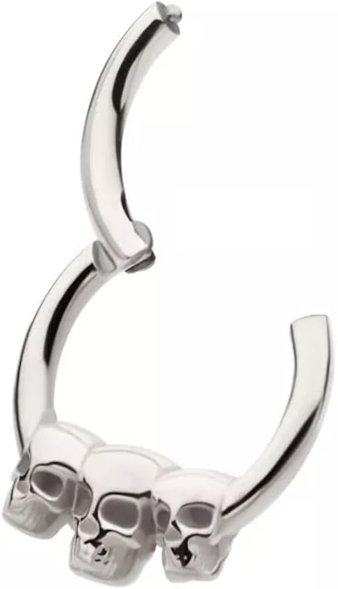 Pierced Owl 16GA 316L Stainless Steel Triple Skull Lined Hinged Segment Clicker Ring - Image 2
