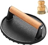 PLNEG Smash Burger Press 7', Round Meat Press with Wood Handle – 2.2 lb Heavy-Duty Cast Iron Grill Bacon Press, BBQs & Cooking Must-Have, with Palm Brush