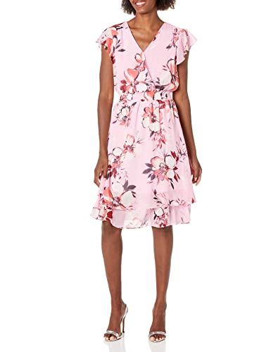 Nine West Women's Sedona Flounce Slv Tiered Dress W/Smock, Ballet Pink Combo, 10 #TOP13