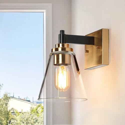 Image of KSANA Wall Sconces, Black and Gold Wall Lights for Bedroom, Wall Mounted Lamps with Flared Glass Shade for Living Room, Bathroom,