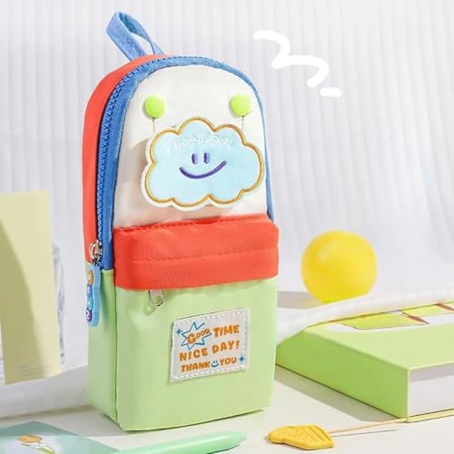 Image of Canvas School Bag Pencil Case, 3 Layer 6 Compartment Large Capacity, Aesthetic Pencil Pouch for Stationary, Cute Stationery for Kids, Pencil Case for Girls & Boys (Green Clouds)