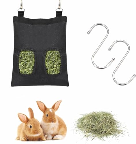Alimentador de Conejos, Bolsa de Comedero de Heno, Comedero de Animales Pequeños, con Gancho en S, Negro