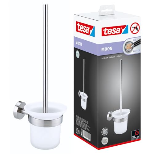 tesa Moon WC-Garnitur satiniertes Glas und verchromter Edelstahl - Toilettenbürsten-Set zur Wandbefestigung ohne Bohren inkl. Klebelösung - 115mm x 390mm x 147mm