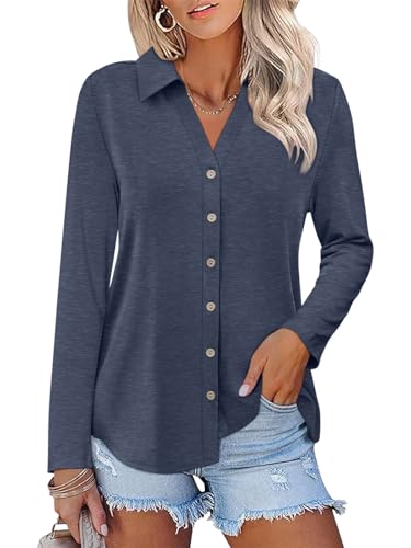 TICTICMISS Womens Long Sleeve Tops Button Down Shirts Dressy Casual Fall Tops Trendy Tunic Tops Navy
