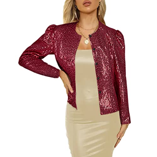Women's Sequin Button Jacket Sparkle Bomber Jacket Shiny Suit(2X,Z2344GY)