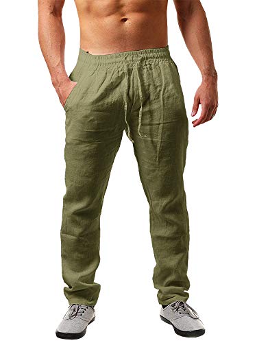 Image of PASLTER Mens Cotton Linen Pants Casual Summer Beach Pants Dress Trousers