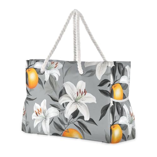 susiyo Grey Lilies Orange Beach Bags for Women Large Travel Tote Bag Waterproof Sandproof Lightweight Swim Pool Bag for Family Outdoor