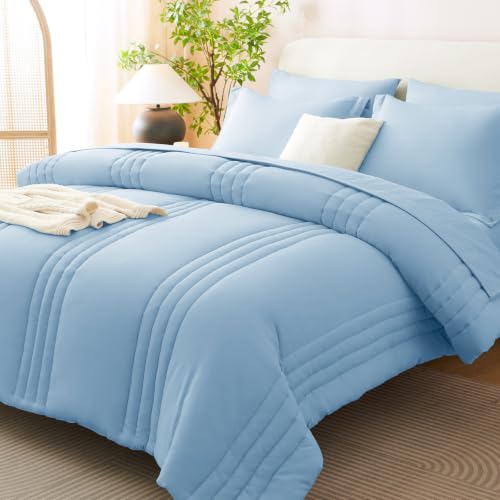 Image of CozyLux King Size Comforter Set Baby Blue - 7 Pieces Bed in a Bag, Modern Vertical Quilted Room Decor, Soft All-Season Bedding Gift with Comforter, Sheets, Pillowcases & Shams