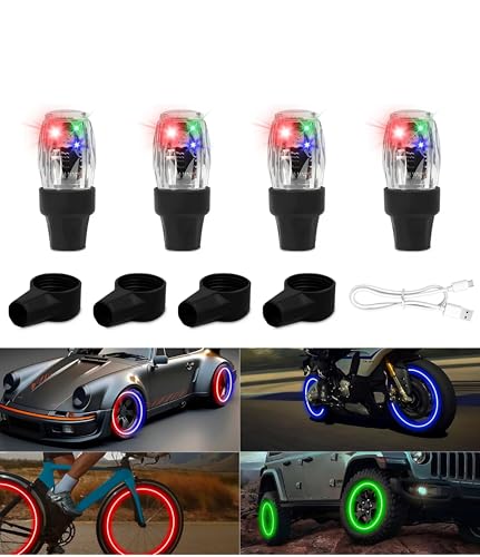 Tire Valve Light, Tire Valve cap light, Glow in the Dark, LED Colorful Wheel, Waterproof Flash Rechargeable Lamp for SUV Truck, Motorcycle, Bike,Bicycle, Car Automotive Accessories (4PCS)