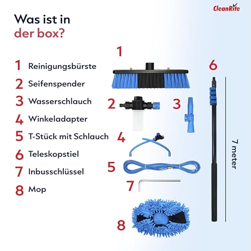 CleanRite® Teleskop Waschbürste 7m extra lang mit Wasseranschluss | Teleskopbürste mit Wasseranschluss | PV Reinigungsbürste Teleskop Set | Terrassendach Reiniger & Dachrinnenreiniger | Schwarz