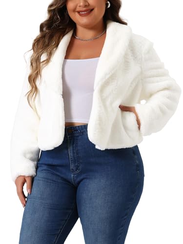 Agnes Orinda Plus Size Jacket for Women Winter Cropped Lapel Shrug Long Sleeve Faux Fur Fluffy Coat