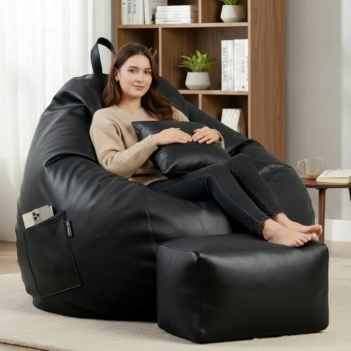 Image of KAM'S LIEU 5XL Luxury Faux Leather Bean Bag with Footrest & Cushion | Pre-Filled High-Density Polystyrene Beans | Premium Leatherette | 6 Months Warranty Color- (Black, Without Footrest)