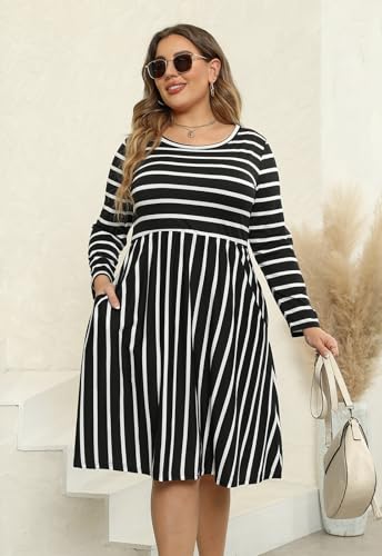 Image of Nemidor Women's Round Neck Long Sleeve Casual Plus Size Fit and Flare Midi Dress with Pocket NEM169