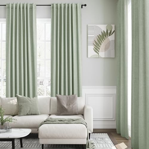 Image of Nanspring Light Sage 100% Blackout Linen Curtains 84 Inch Length 2 Panels Set for Bedroom Back Tab Modern Farmhouse Decor Black Out Curtain for Living Room Office Thermal Insulated Drapes 52x84