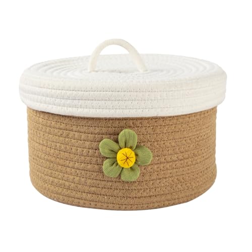 STOBAZA Small Woven Cotton Rope Storage Basket with Lid Multipurpose Sundries Organizer for Living Room and Dining Room Decorative for Toys and Household Items