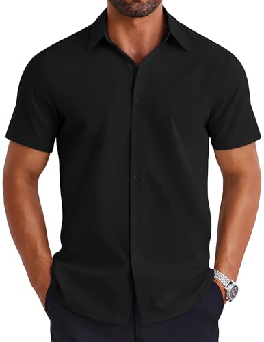 COOFANDY Herren Kurzarm Hemd Männer Freizeithemd Casual Hemden Einfarbig Sommer Shirt Regular Fit Schwarz M