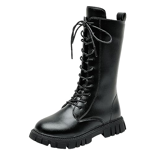 Girls Lace Up Riding Boots Mid Calf Combat Boots PU Leather Side Zipper Punk Goth Boot Non Slip Dress Shoes for Litter Kid Big Kid 4-12 Years
