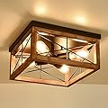 eyassi Wooden Flush Mount Ceiling Lights, 4-Light Farmhouse Close to Ceiling Lighting Fixtures Black Ceiling Lamp for Kitchen Island Living Room Bedroom Hallway Laundry Entryway