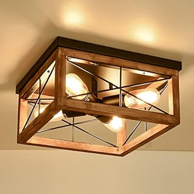 eyassi Wooden Flush Mount Ceiling Lights, 4-Light Farmhouse Close to Ceiling Lighting Fixtures Black Ceiling Lamp for Kitchen Island Living Room Bedroom Hallway Laundry Entryway