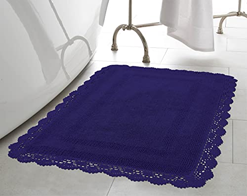 Laura Ashley Absorbent Bath Mat Reversible Crochet Soft and Plush Bathroom Mat 100% Cotton 24x40 Bath Rug, Indigo Blue