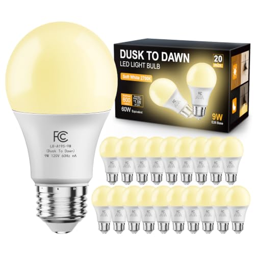 dalattin A19 Dusk to Dawn Light Bulbs, Automatic On/Off Photocell Sensor 9W LED Bulb, 60W Equivalent, 2700K Soft White, E26 Base, Outdoor Porch Yard Lighting, 20 Pack