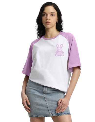 Image of JUNEBERRY 100% Pure Cotton Oversized Baggy Fit Drop Shoulder Round Neck Graphic Printed Raglan Sleeve T-Shirt for Women (Sizes: S to 2XL)