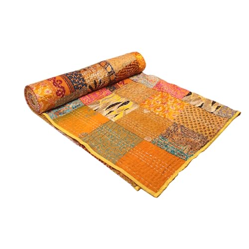 Image of Silk Hand Made Design Kantha Quilt Blanket, Bed Cover, Bedspread (Size 90 inch X 108 inch) - Multicolour
