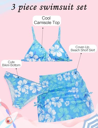 Girls 3 Piece Swimsuit Summer Hawaiian Bikini Set with Beach Cover Up Skirt Bathing Suit Swimwear 8-15 Years3