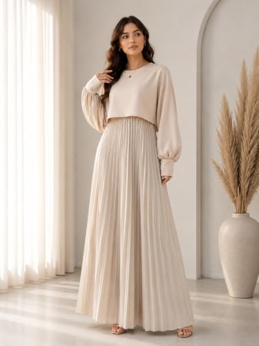 Image of LITZO Women's One Piece Dress - Georgette Solid Color Western Gown | Long Sleeve Round Neck Fit & Flare Flared Hem Design | A-Line Maxi Dress for Women | New Year Party Outfit (NO-17-18)