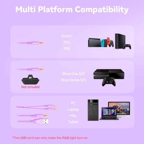 Image of Gaming Headset with Microphone for Pc, Xbox One Series X /s, Ps4, Ps5, Switch, Stereo Wired Noise Cancelling Over-Ear Headphones with Mic, RGB, for Computer, Laptop, Mac, Nintendo (Purple)