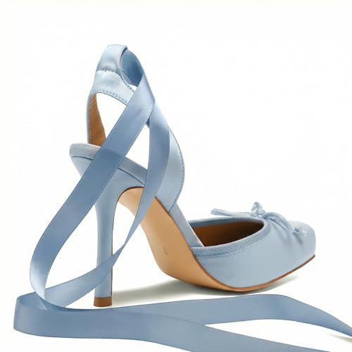 Image of Riekhany Satin Ballet Heels for Women Closed Square Toe Bow Ballerina Heels Lace Up High Heel Slingback Pumps Strappy Stiletto Mary Janes Elegant Party Shoes