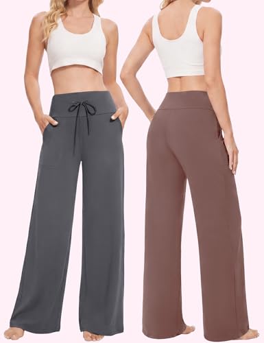 Image of Showitty 1 /3 Pack Women's Wide Leg Pants with Pockets, Casual Loose Pajama Palazzo Trousers Sweatpants for Yoga Lounge