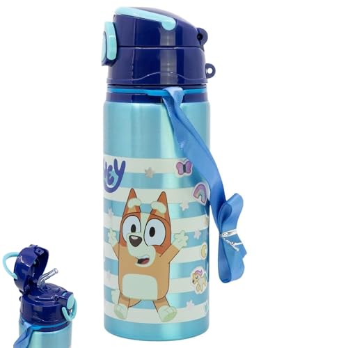 SRV Hub Bluey Kids Aluminium Water Bottle with Straw & Strap 730ml Pop-Up Leak Resistant Sipper Bottle BPA Free Reusable Metal Drink Bottle for School Travel & Sports Children Age 4+