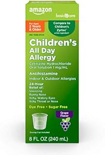 Amazon Basic Care Children’s All Day Allergy, Cetirizine Hydrochloride Oral Solution 1 mg/mL, Grape Flavor, 8 Fluid Ounces