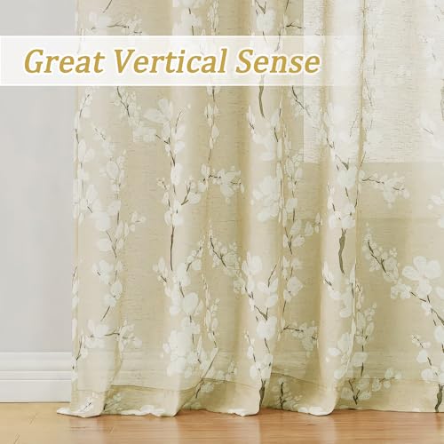 Image of FMFUNCTEX Linen Sheer Blossom Floral Print Curtains Cream 96 Inch 2 Panels