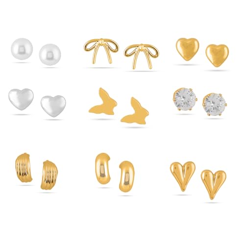 Rubans Earrings Combo Set of 9 Stylish Jewellery with Pearl Studs & Hoops Gift for Women & Girls