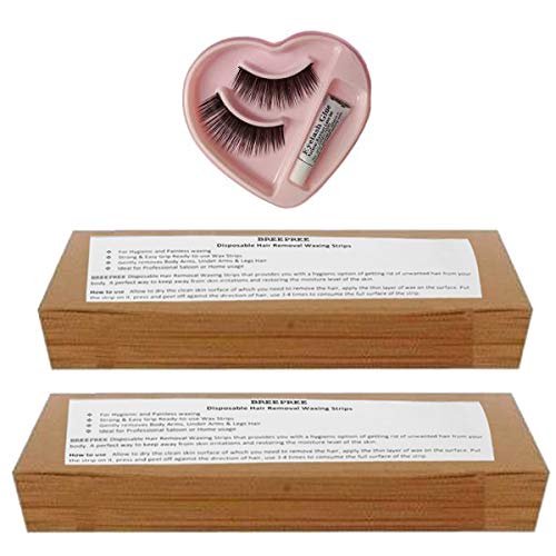 BREEPREE Hair Removal Waxing Strips-140 pcs - Color Beige with FREE False Eyelashes for Eye Makeup with Glue