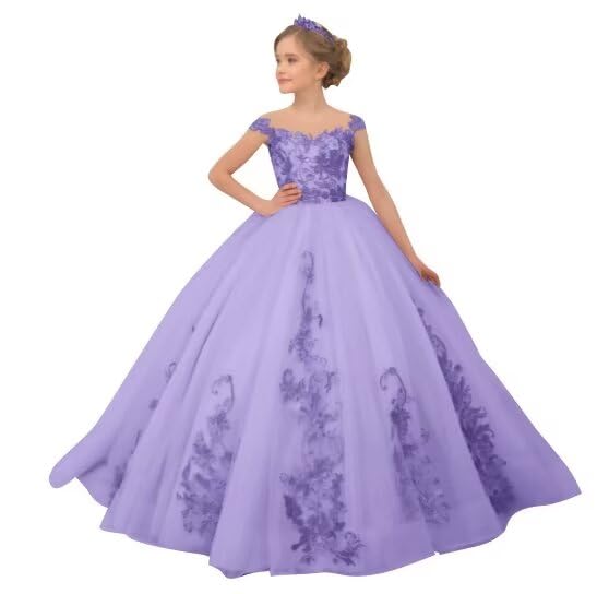 Flower Girl Dresses Tulle Princess Pageant Dress Lace Appliques Kids Party Prom Ball Gowns with Bow-Knot