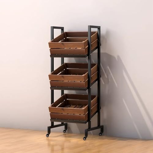 Wood Commercial Supermarket Fruits Vegetables Shelf, 3/4Tier Vegetable and Fruit Stand with Wheels, Retail Store Storage Shelf (Brown, 3 Tier-with Wheels)