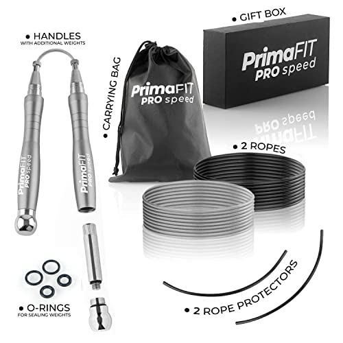 Image of PrimaFIT Skipping Rope for Adults Weighted Jump Rope Boxing for Men & Women | PRO Speed Jumping Rope, Fitness, Gym, Crossfit, Ball Bearings, 2x3m Adjustable Cables & Protectors, Additional Weights, Bag