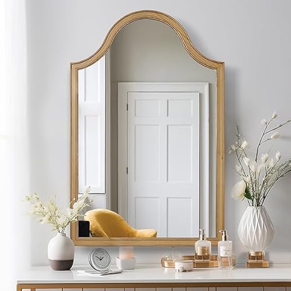 Wallbeyond Houten gebogen gebogen bovenwand spiegel voor decor, 60 x 91 cm, rustiek bruin, vintage spiegel voor muur stijl muur spiegel